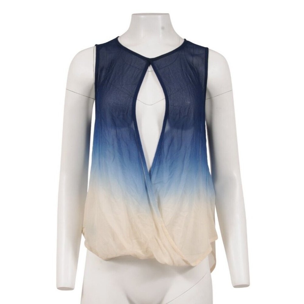 Young Fabulous & Broke Womens Blouse Split Top Small Blue Tan Tie Dye Ombre